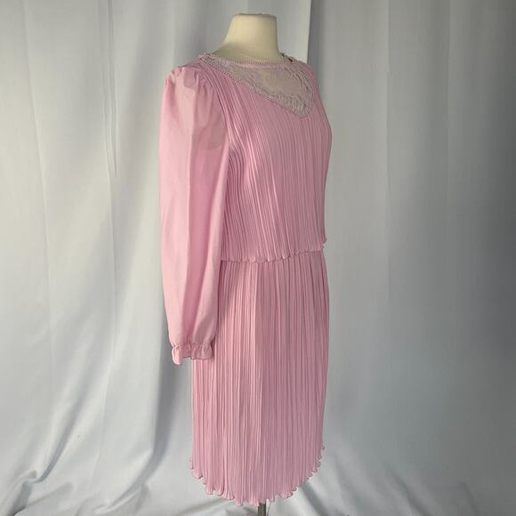 Vintage 70s Dress Size 4 Light Pink Pleated Puff Sleeve Lace Coqutte Romantic - Picture 5 of 16